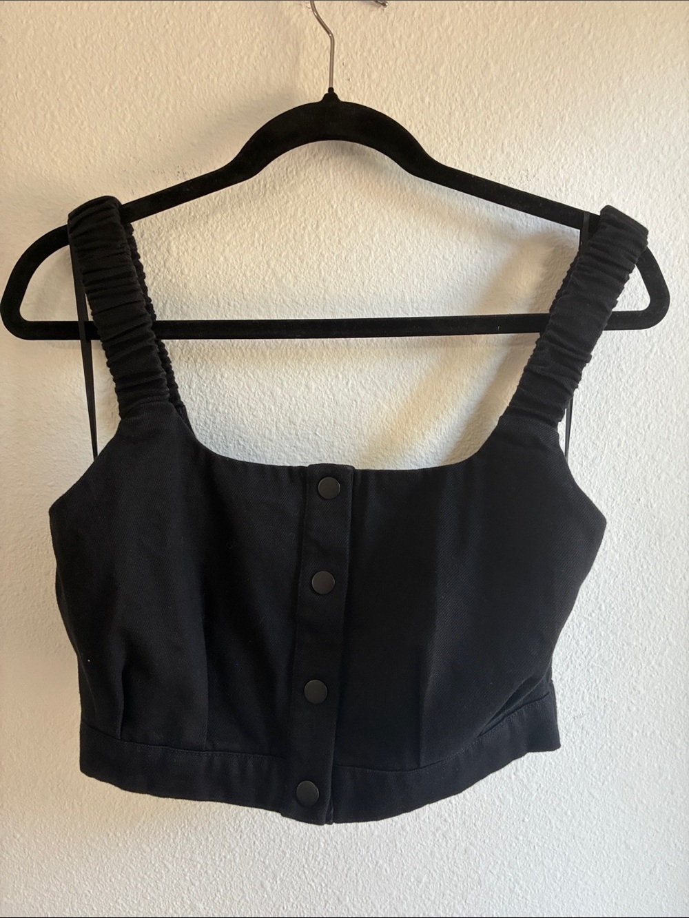 Ruched-Strap Black Button-Front Crop Top